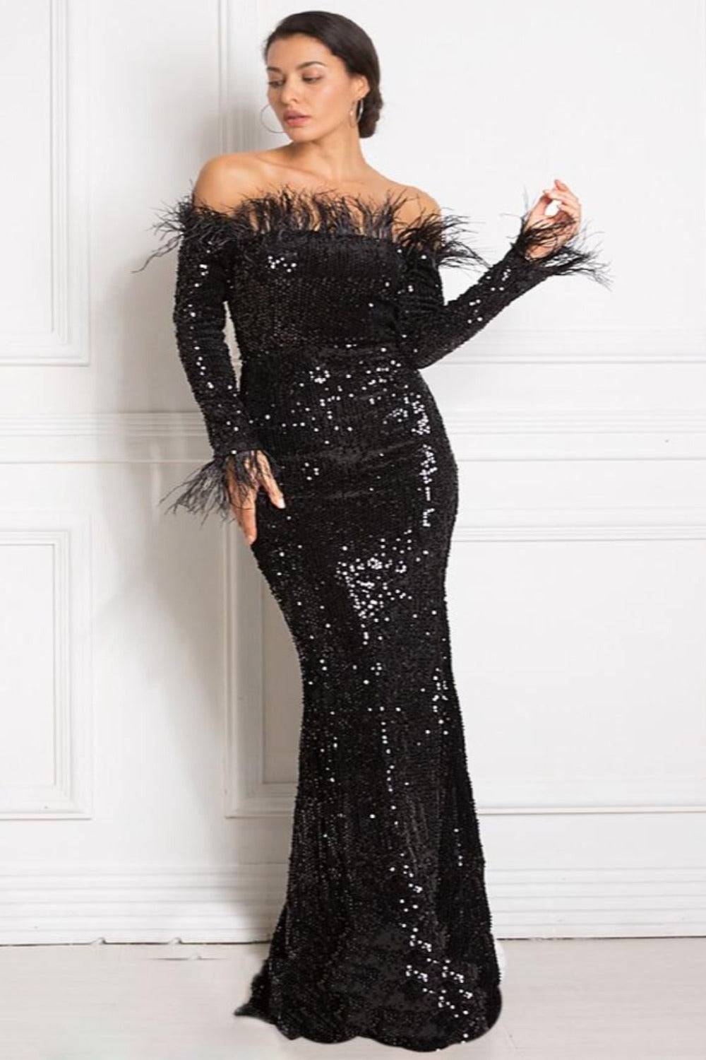 Black Sequin Strapless Feather Long Sleeve Maxi Dress - TGC Boutique - Black Feather Dress