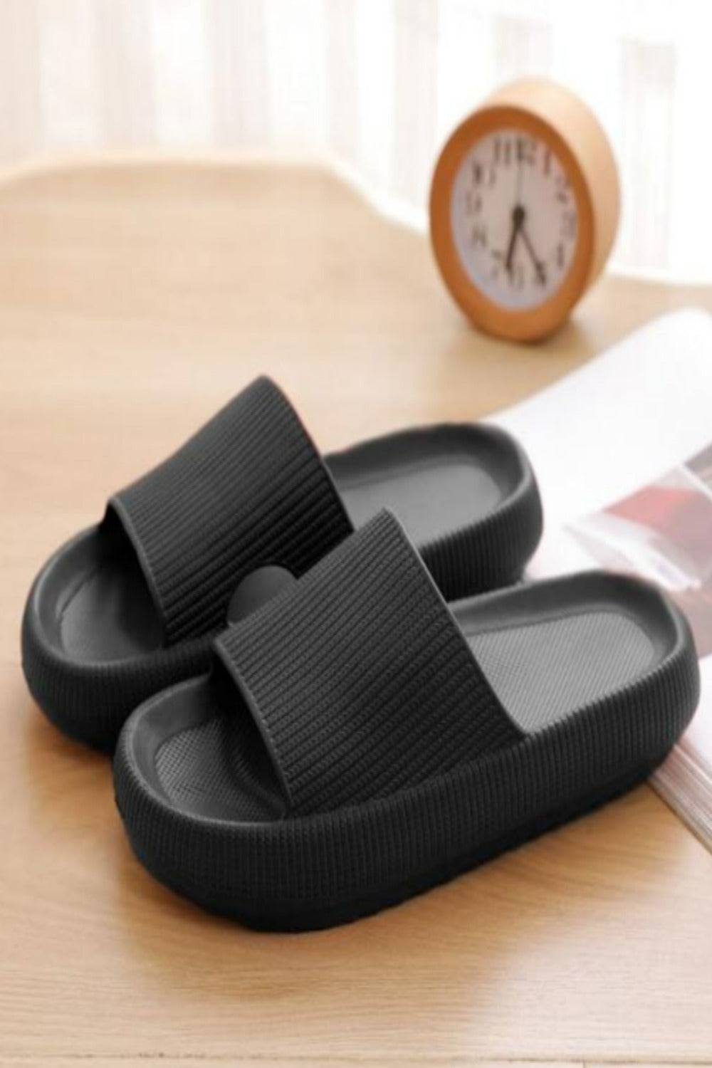 Black Slides Thick Platform Comfy Rubber Sandals - TGC Boutique - Black Slides