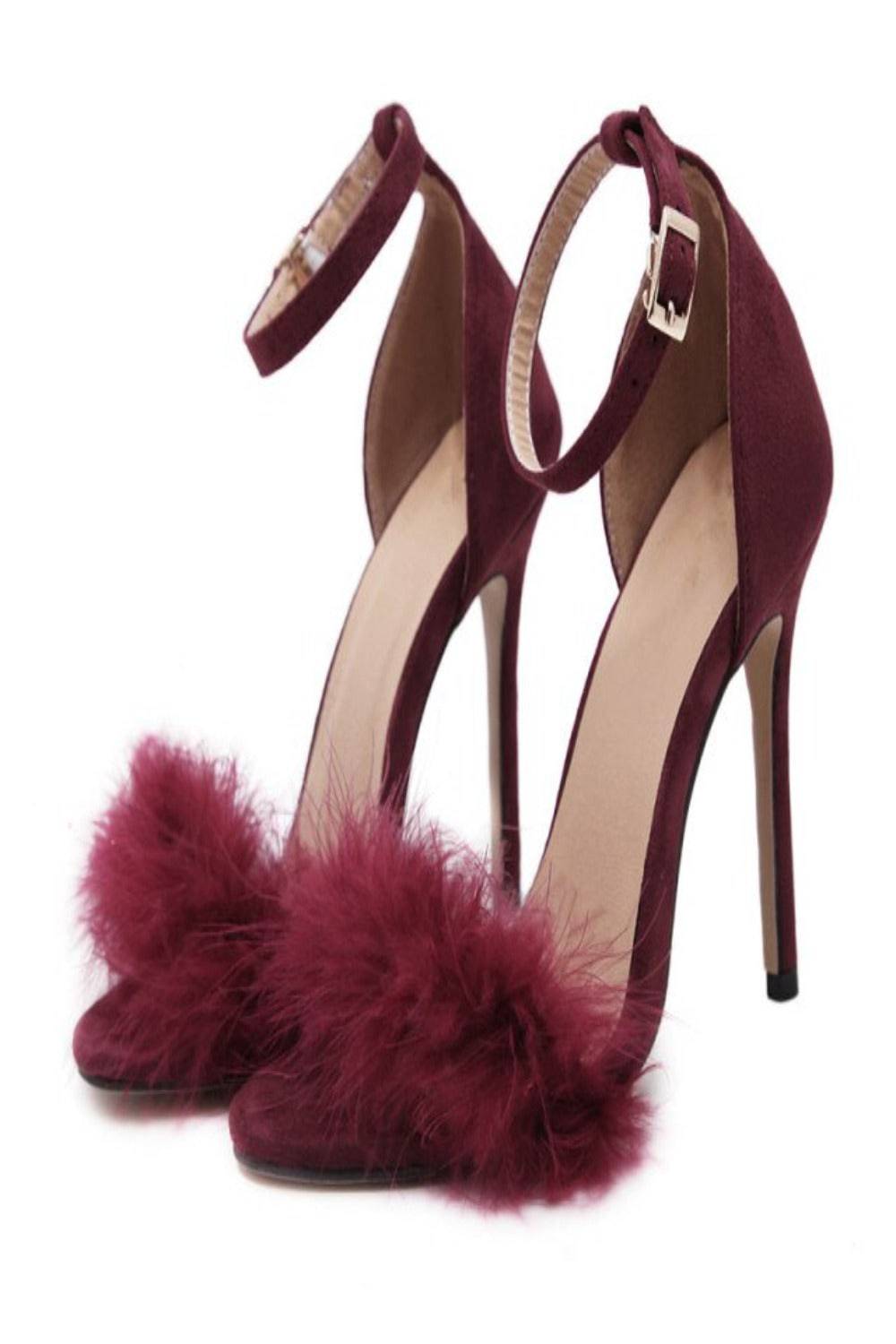 Black Stiletto High Heel Sandals With Fluffy Fur - TGC Boutique - High Heel Sandals