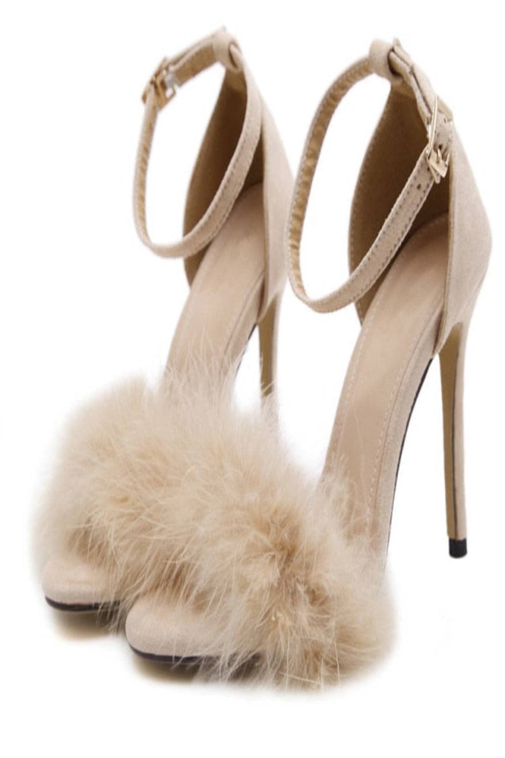 Black Stiletto High Heel Sandals With Fluffy Fur - TGC Boutique - High Heel Sandals