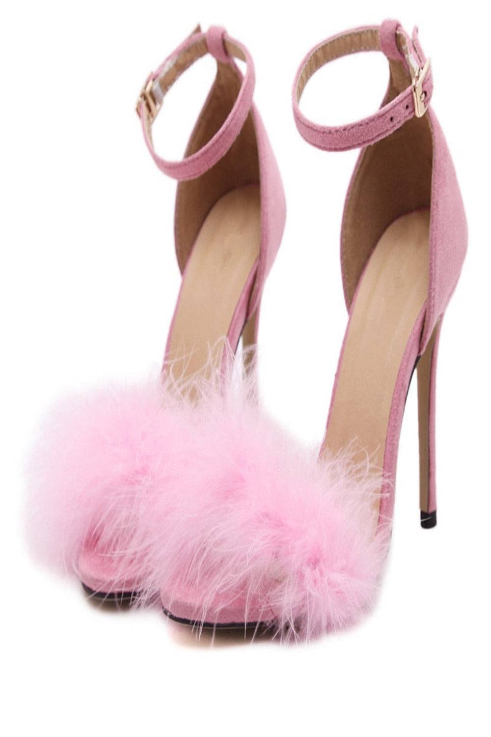 Black Stiletto High Heel Sandals With Fluffy Fur - TGC Boutique - High Heel Sandals