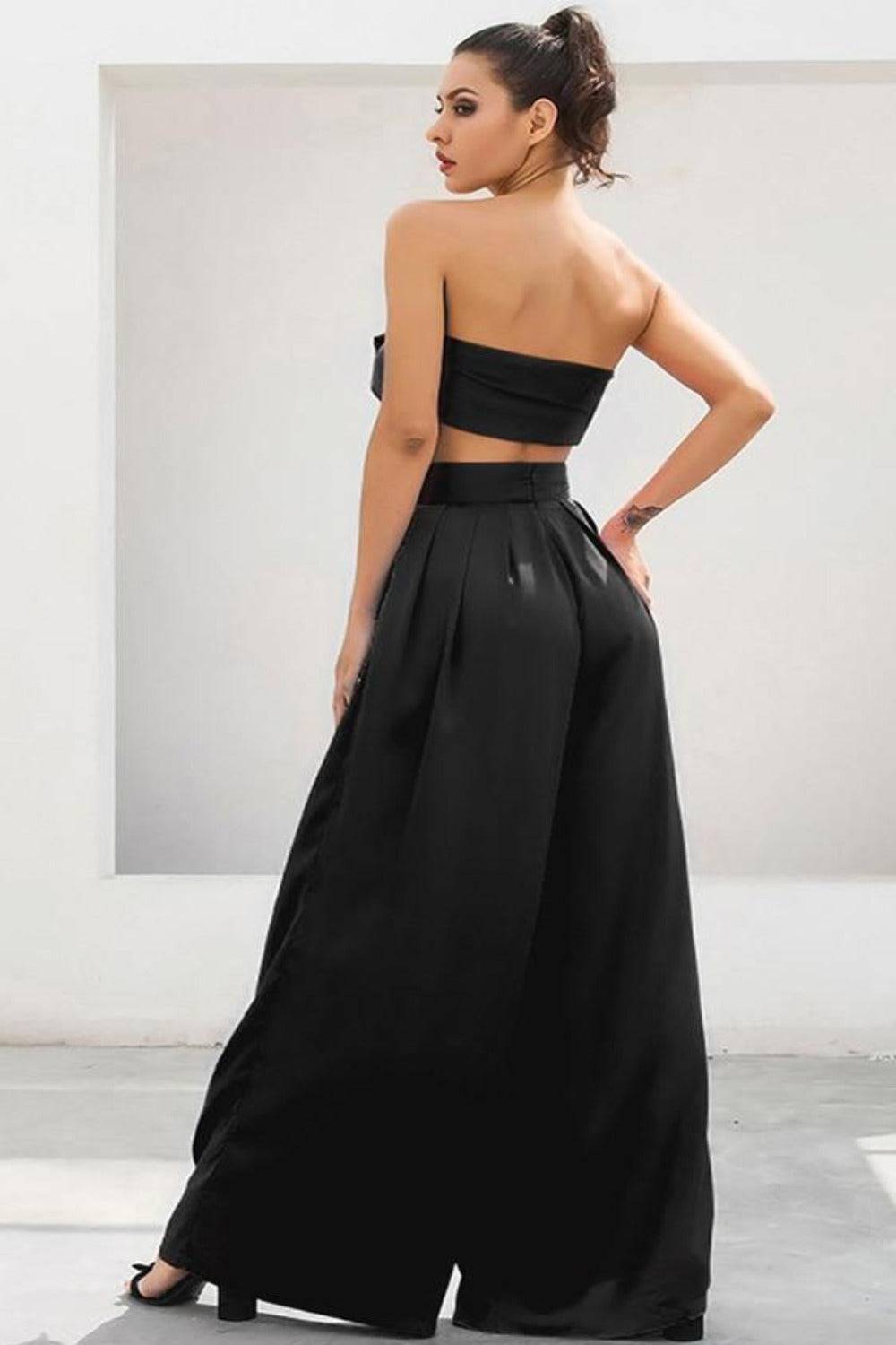 Black Strapless Tie Front High Waist Wide Leg Jumpsuit Pants Set - TGC Boutique - 2 Piece Set