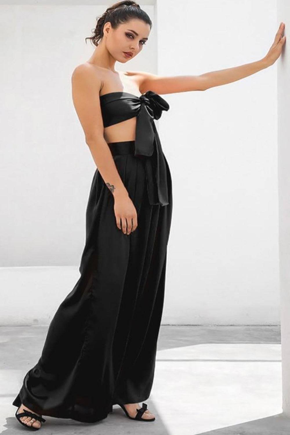 Black Strapless Tie Front High Waist Wide Leg Jumpsuit Pants Set - TGC Boutique - 2 Piece Set