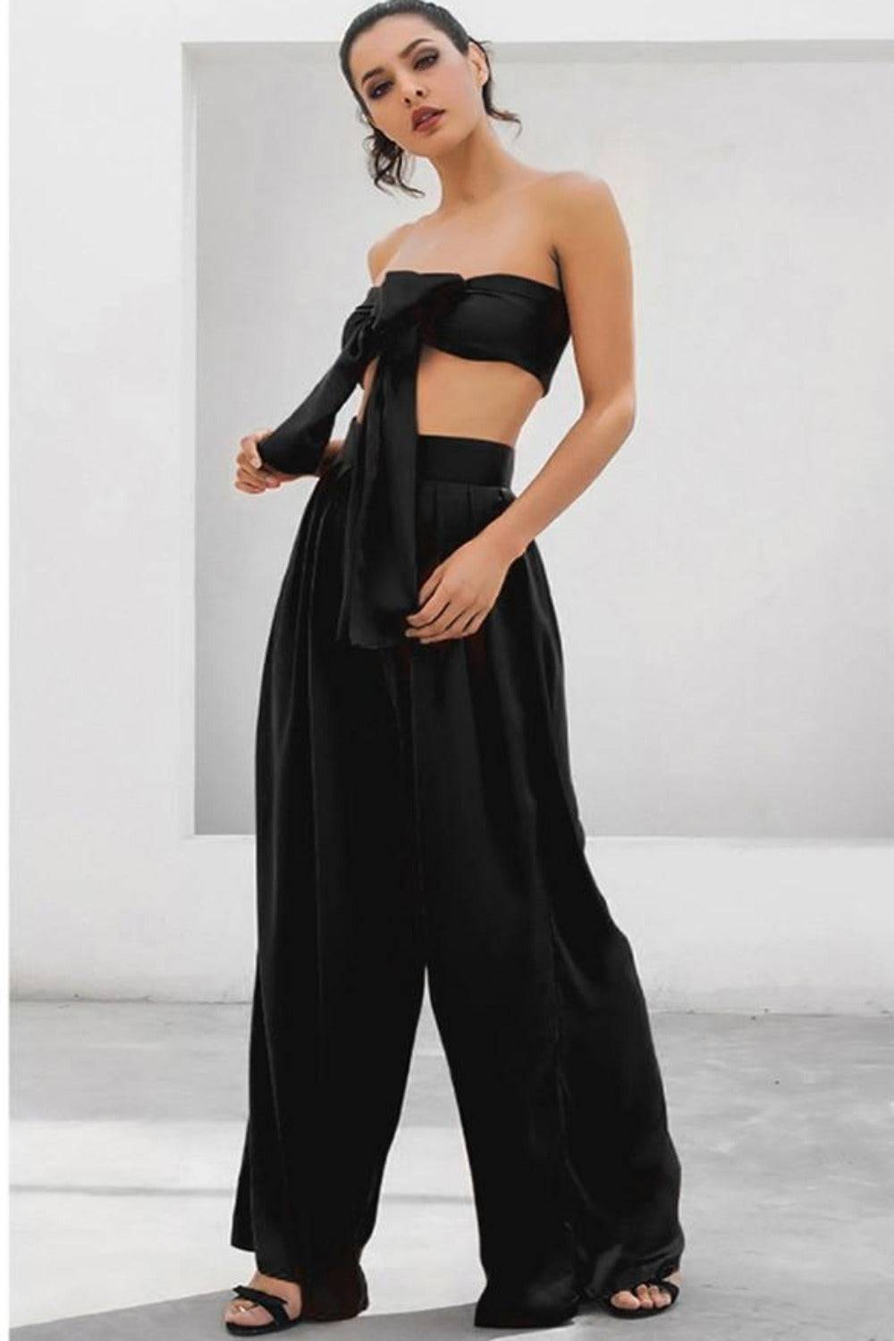 Black Strapless Tie Front High Waist Wide Leg Jumpsuit Pants Set - TGC Boutique - 2 Piece Set