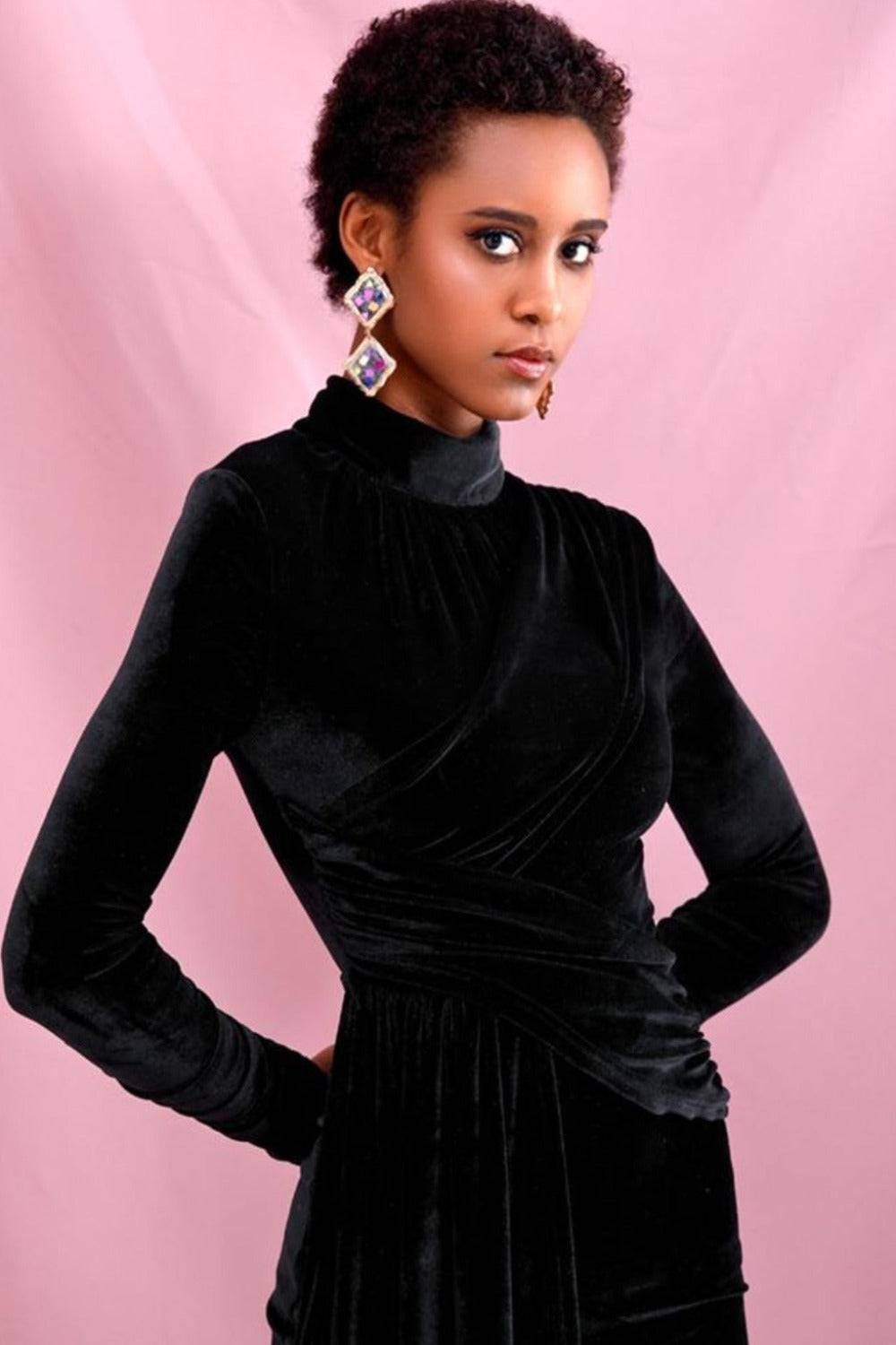 Black Velvet Bodycon Mini Dress With Train - TGC Boutique - Bodycon Dress
