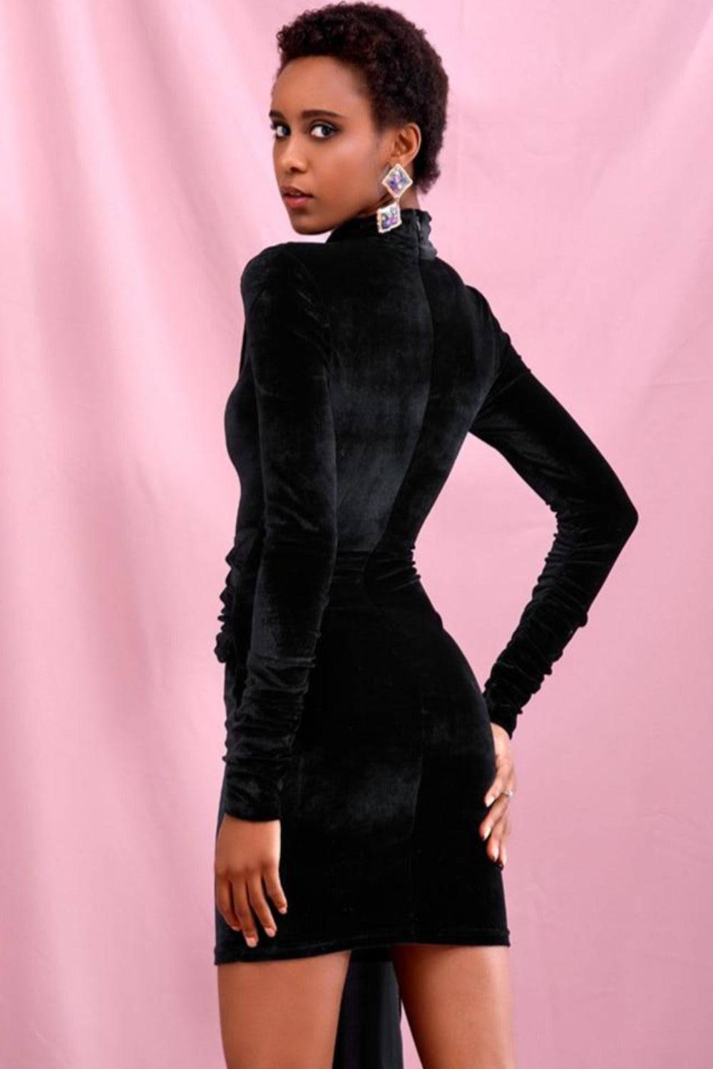 Black Velvet Bodycon Mini Dress With Train - TGC Boutique - Bodycon Dress