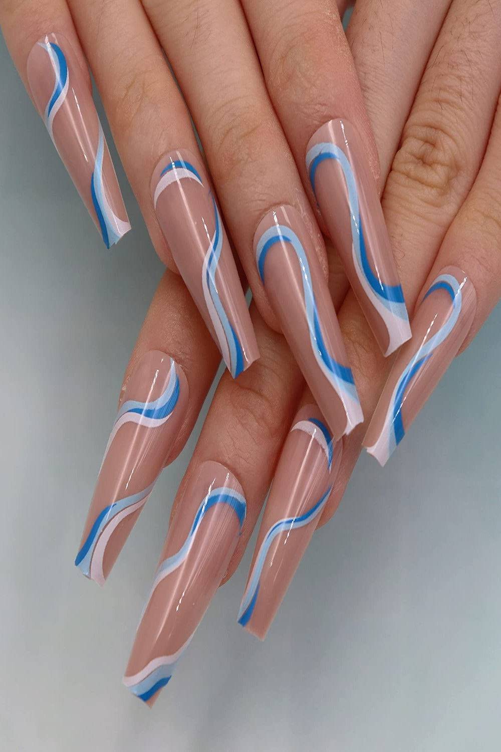 Blue And White Swirl Coffin Press On Nails Kit - TGC Boutique - Press On Nails