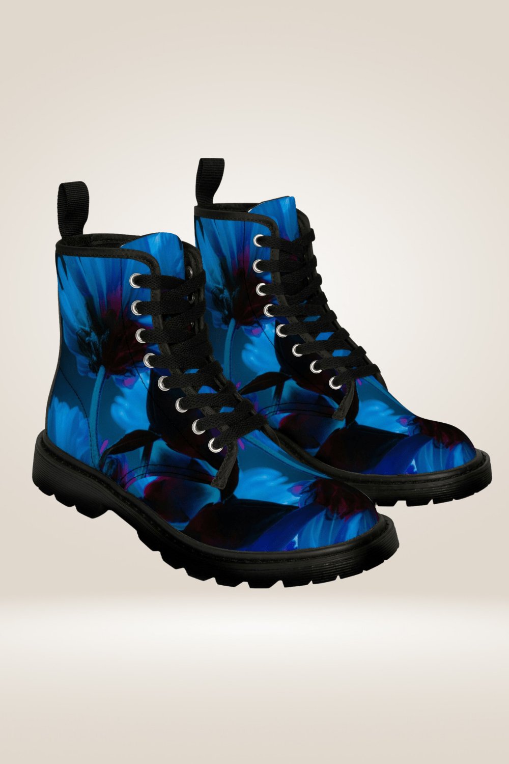 Blue Flower Print Combat Boots - Black Sole - TGC Boutique - Boots