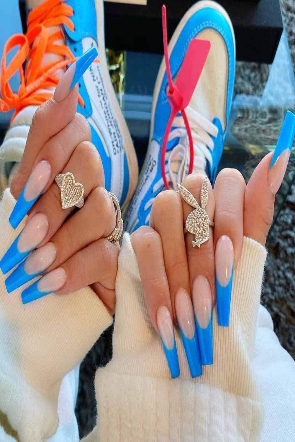 Blue French Tip Coffin Press On Nails Kit - TGC Boutique - Press On Nails