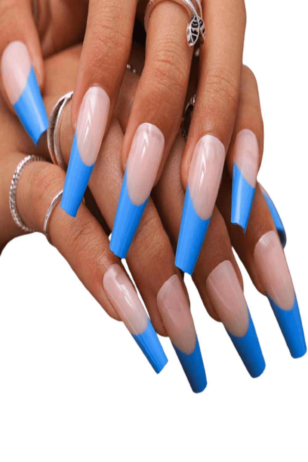 Blue French Tip Coffin Press On Nails Kit - TGC Boutique - Press On Nails