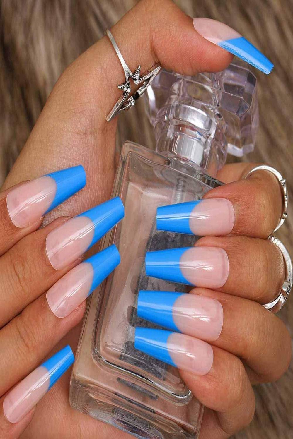 Blue French Tip Coffin Press On Nails Kit - TGC Boutique - Press On Nails