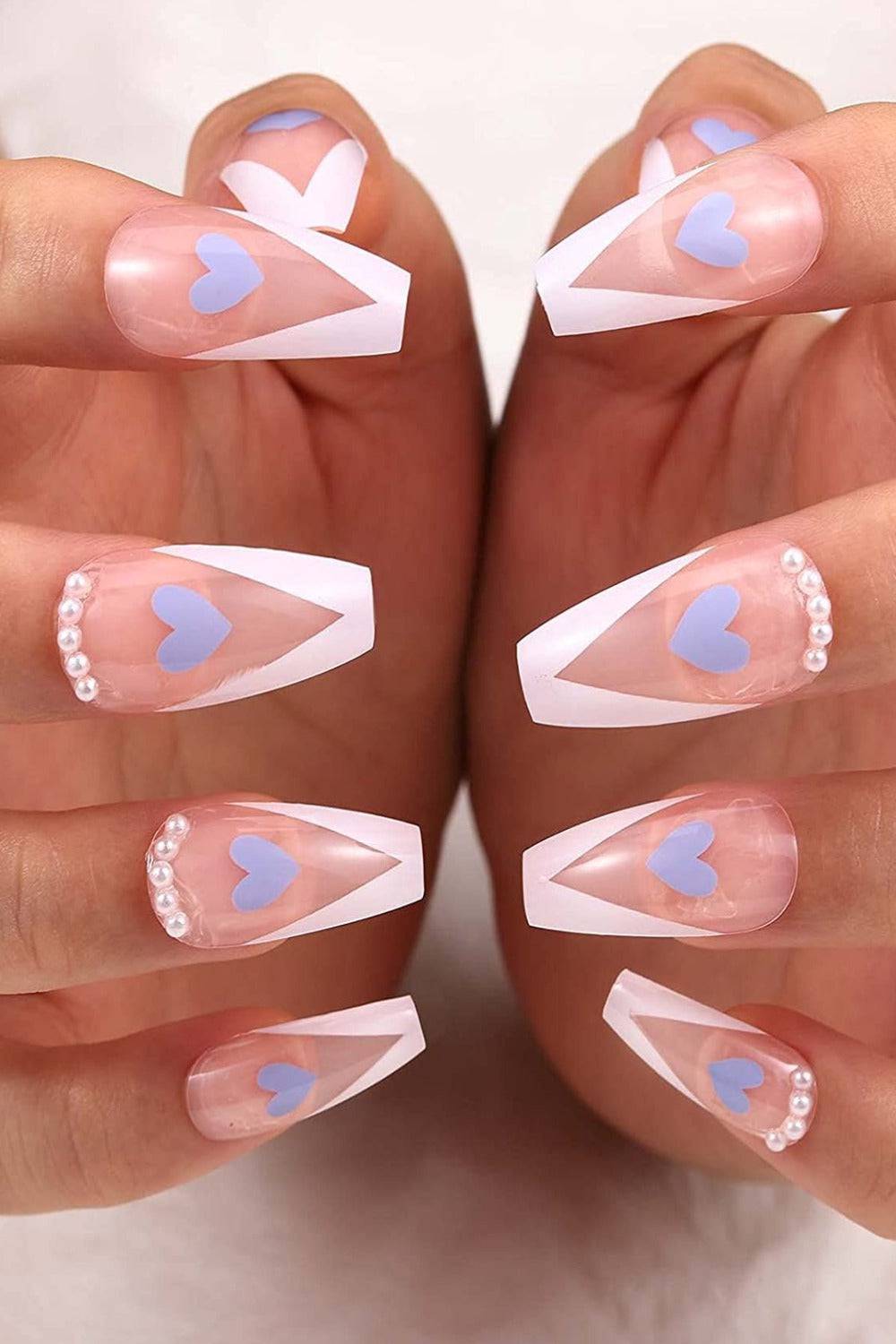 Blue Heart White Coffin French Tip Press On Nails Kit - TGC Boutique - Press On Nails