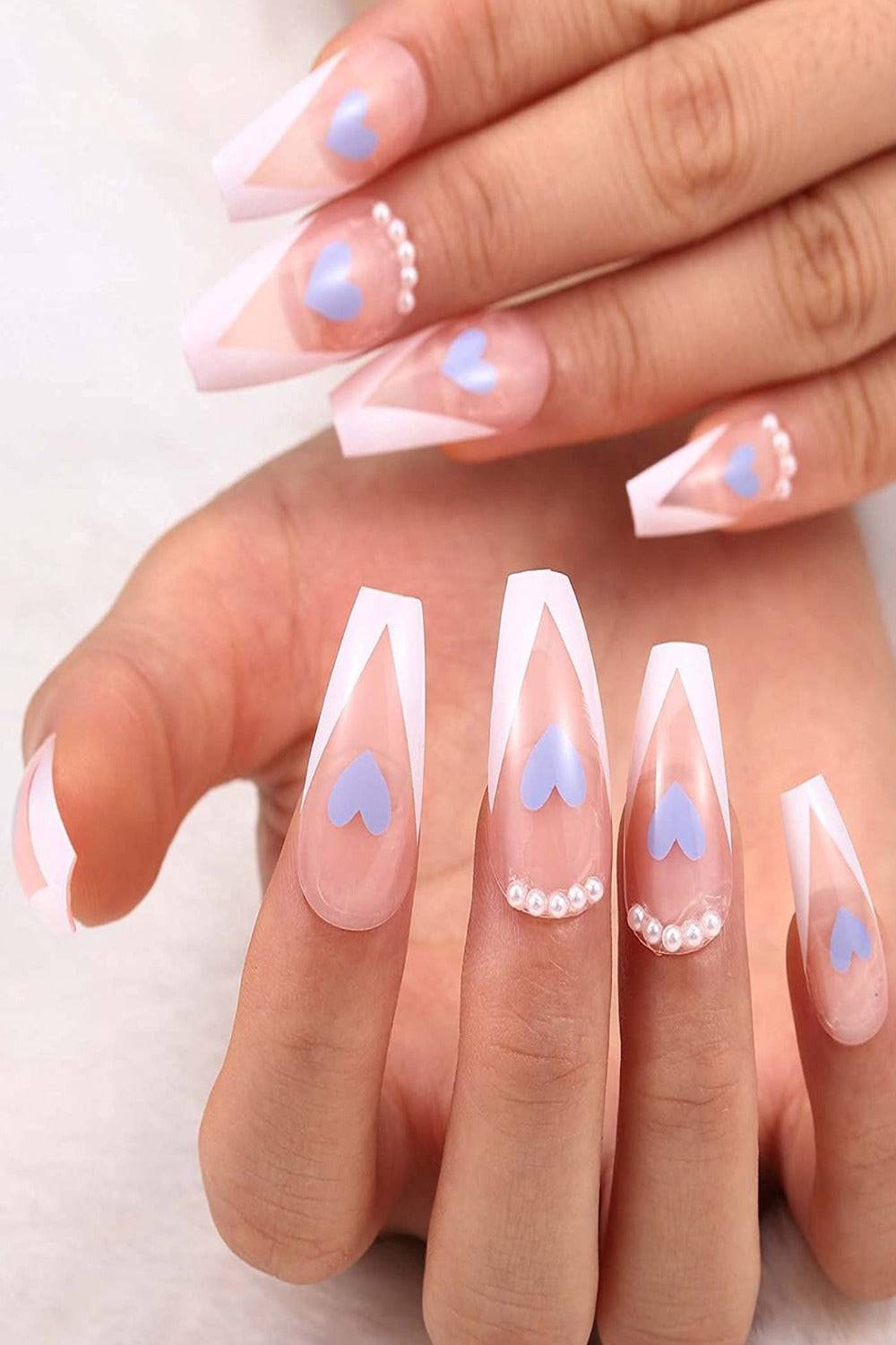 Blue Heart White Coffin French Tip Press On Nails Kit - TGC Boutique - Press On Nails