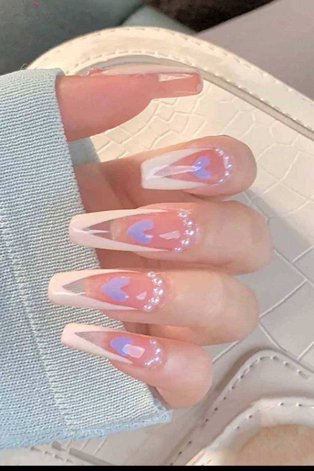 Blue Heart White Coffin French Tip Press On Nails Kit - TGC Boutique - Press On Nails