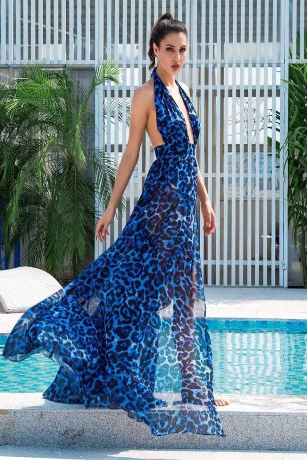 Blue Leopard Print Chiffon Maxi Dress - TGC Boutique - Maxi Dress
