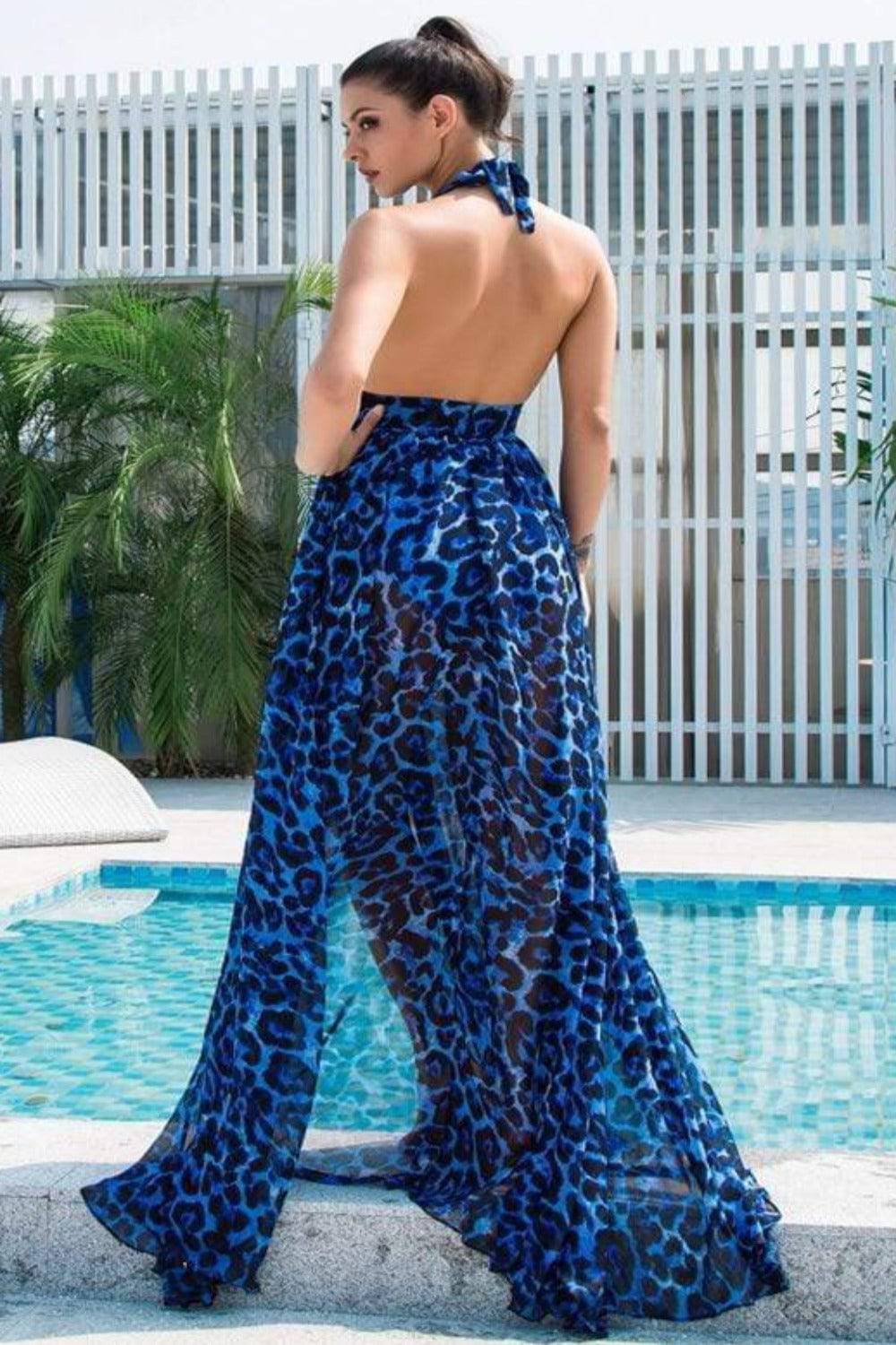 Blue Leopard Print Chiffon Maxi Dress - TGC Boutique - Maxi Dress