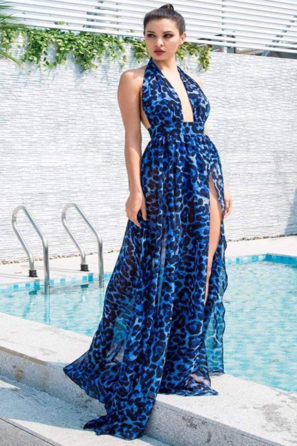 Blue Leopard Print Chiffon Maxi Dress - TGC Boutique - Maxi Dress