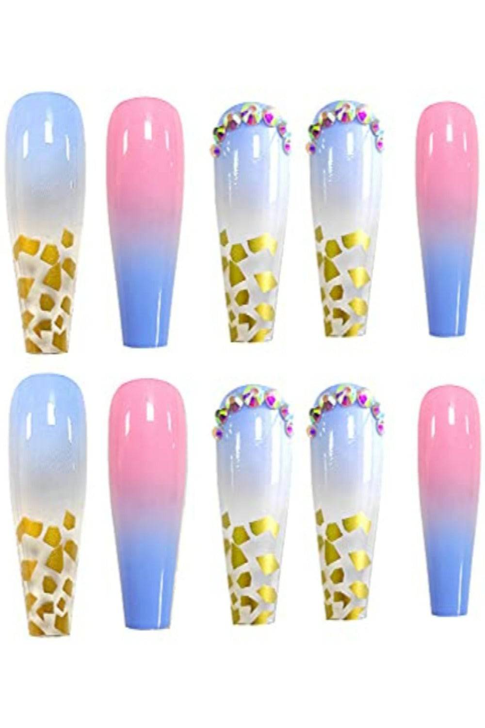 Blue & Pink Ombre Coffin Rhinestone Press On Nails Kit - TGC Boutique - Press On Nails