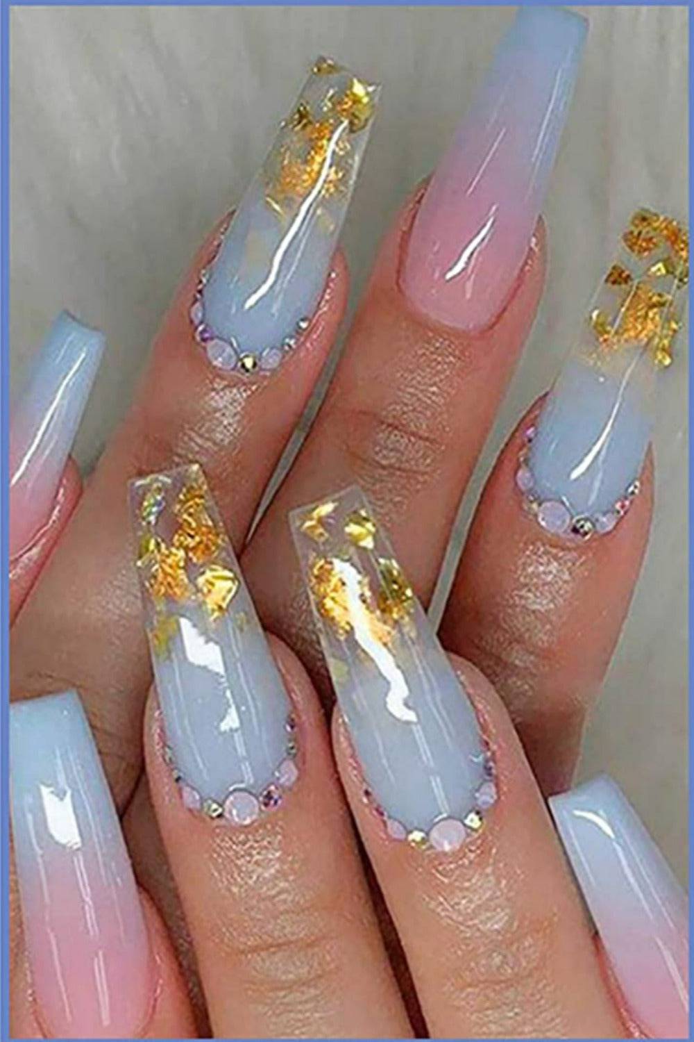 Blue & Pink Ombre Coffin Rhinestone Press On Nails Kit - TGC Boutique - Press On Nails