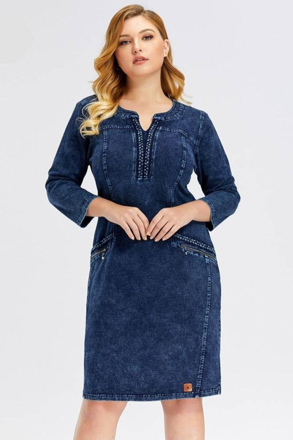 Blue Plus Size Long Sleeve Elastic Bodycon Slim Fit Midi Denim Dress - TGC Boutique - Plus Size Denim Dress