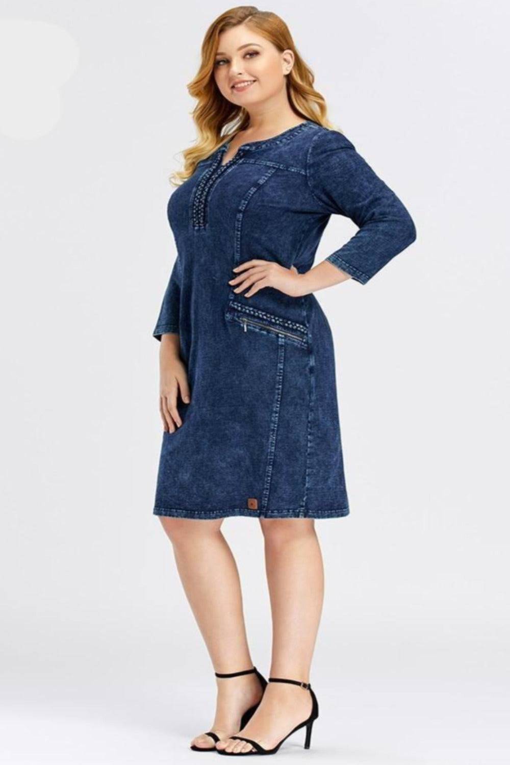 Blue Plus Size Long Sleeve Elastic Bodycon Slim Fit Midi Denim Dress - TGC Boutique - Plus Size Denim Dress