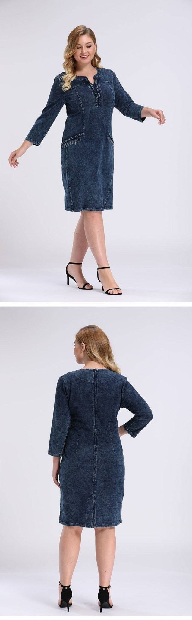 Blue Plus Size Long Sleeve Elastic Bodycon Slim Fit Midi Denim Dress - TGC Boutique - Plus Size Denim Dress