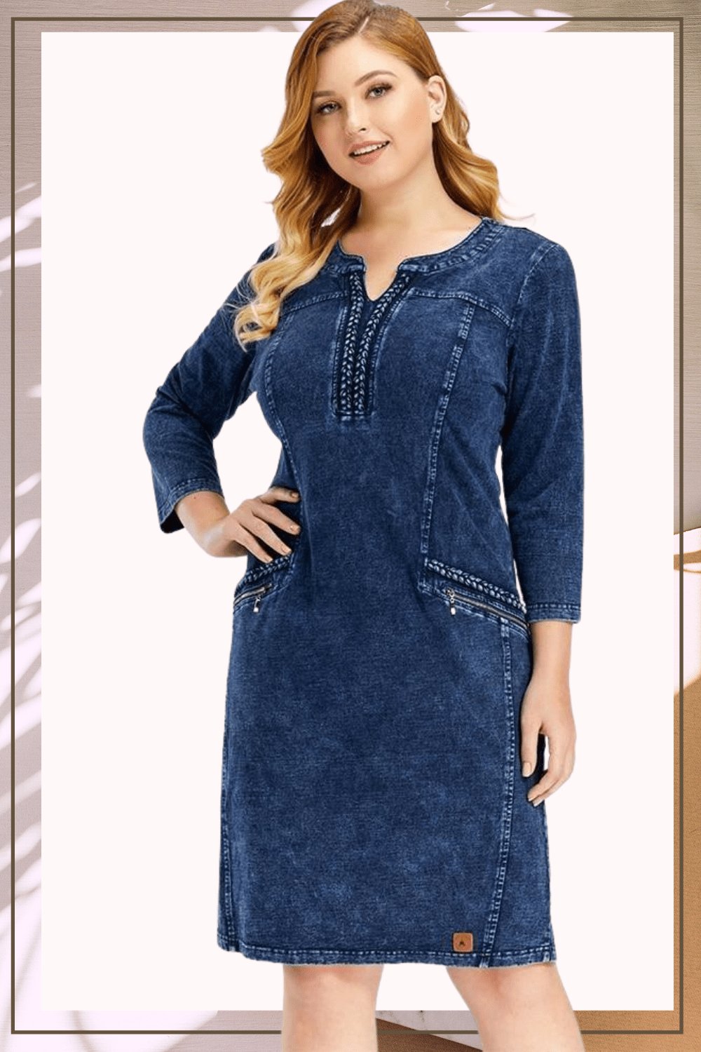 Blue Plus Size Long Sleeve Elastic Bodycon Slim Fit Midi Denim Dress - TGC Boutique - Plus Size Denim Dress