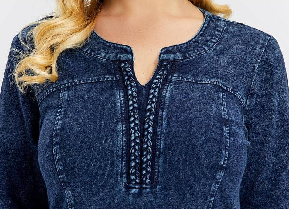 Blue Plus Size Long Sleeve Elastic Bodycon Slim Fit Midi Denim Dress - TGC Boutique - Plus Size Denim Dress