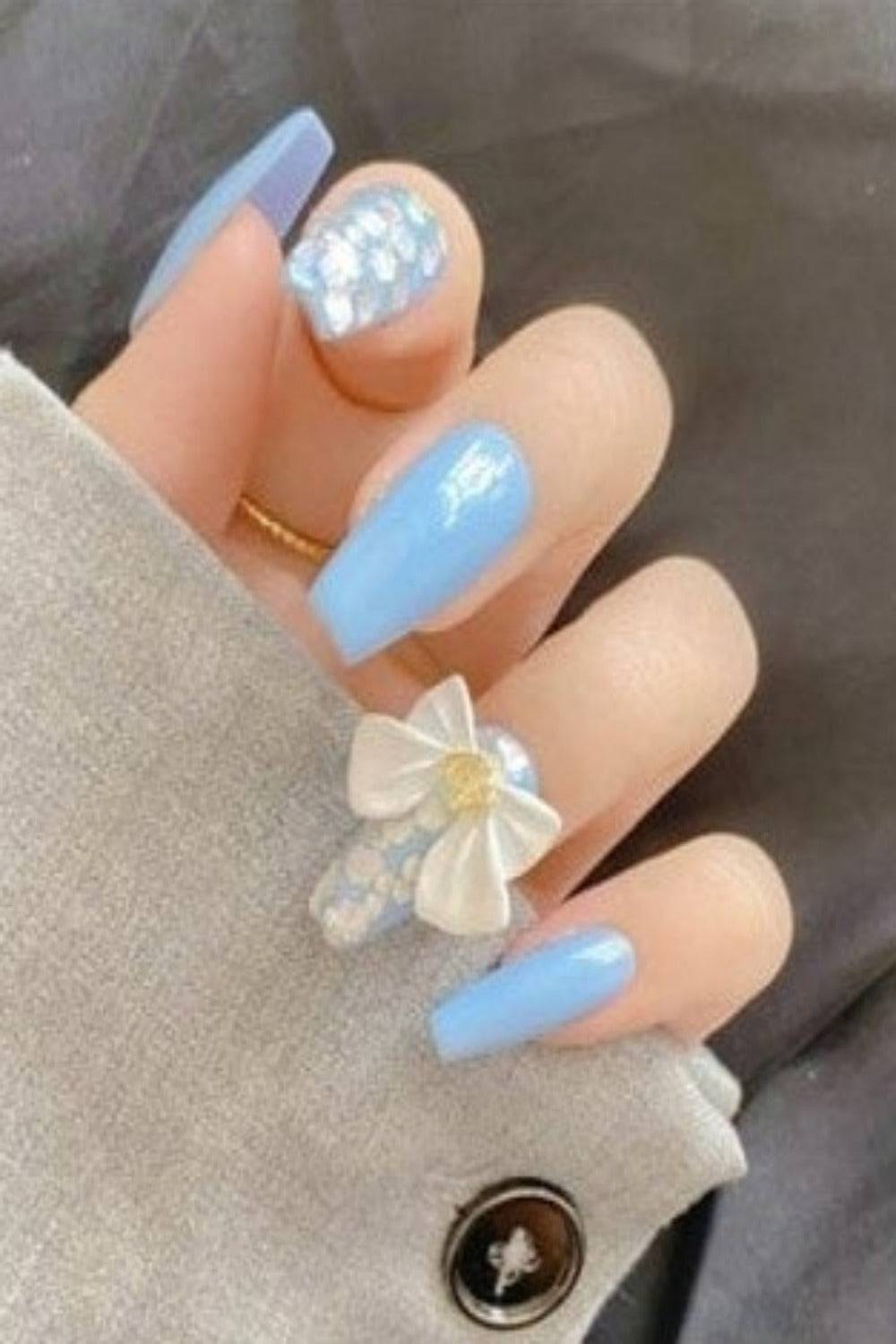 Blue Press On Nails Glitter Glossy Coffin 3D Nail Kit - TGC Boutique - Press On Nails