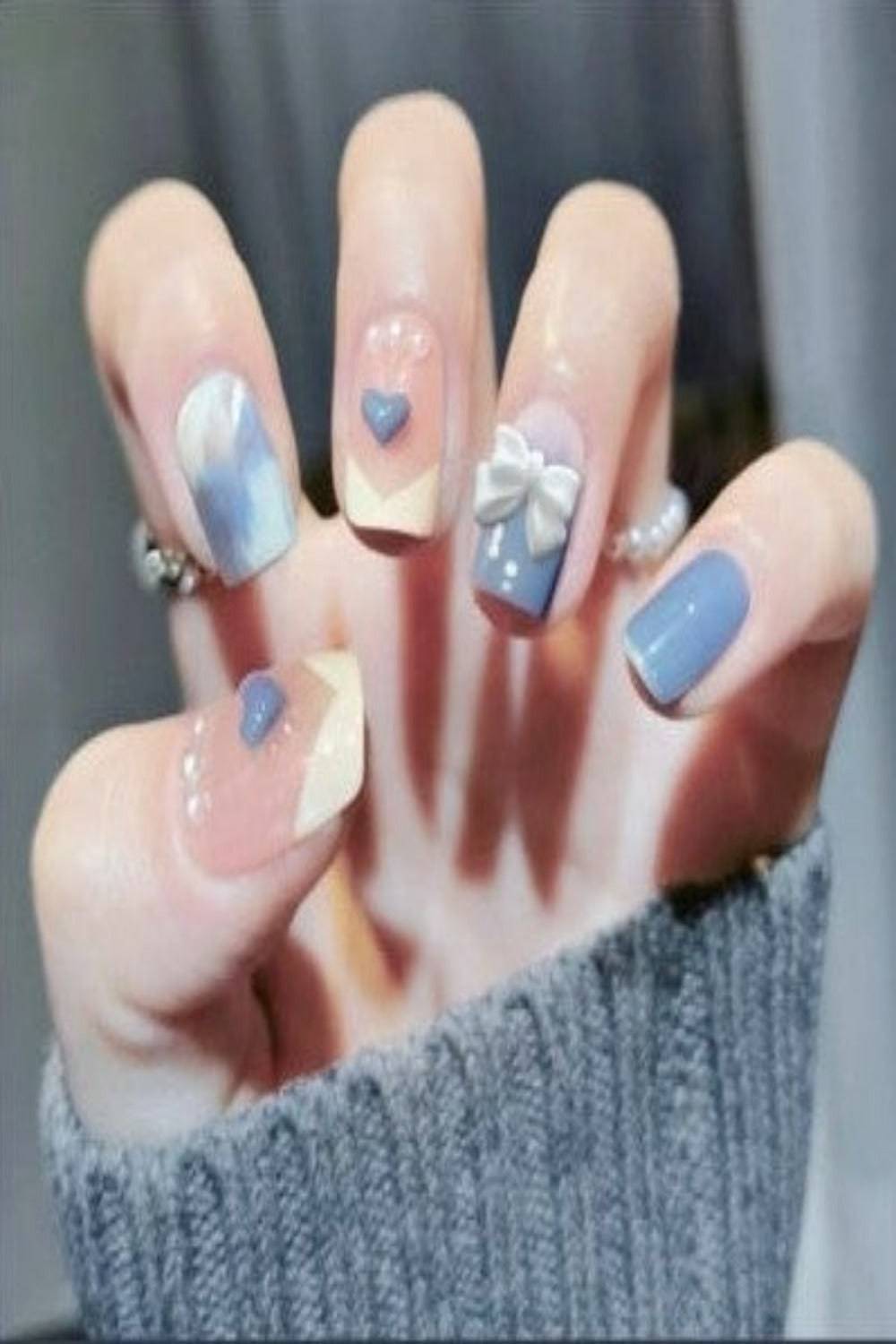 Blue Press On Nails Pink Glossy Coffin Heart Nail Kit - TGC Boutique - Press On Nails