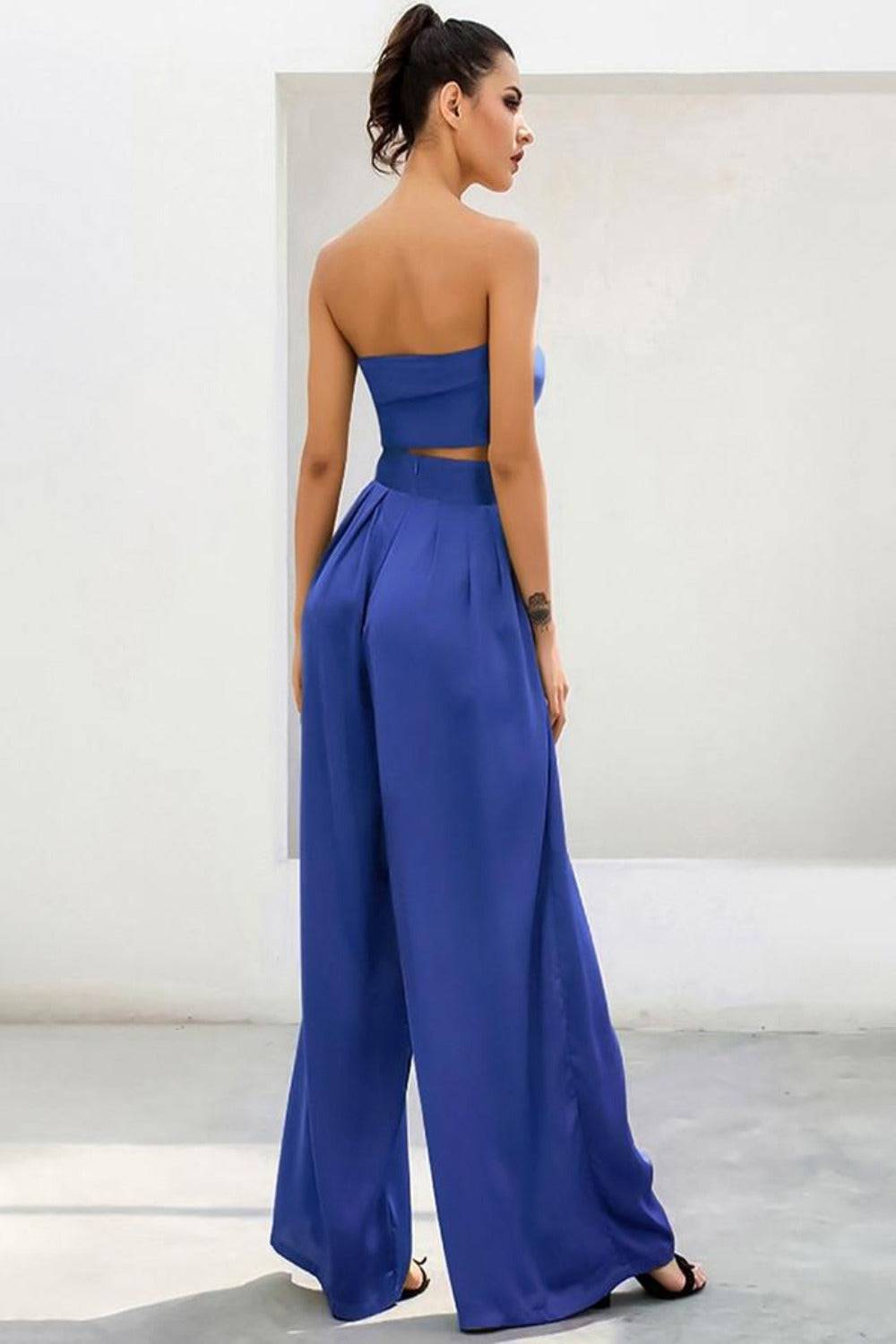 Blue Strapless Tie Front High Waist Wide Leg Jumpsuit Pants Set - TGC Boutique - 2 Piece Set