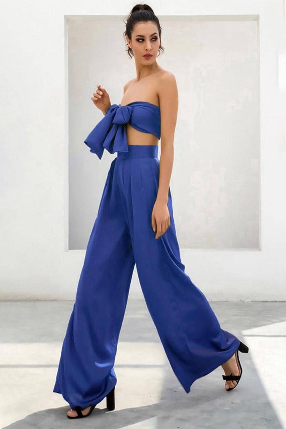 Blue Strapless Tie Front High Waist Wide Leg Jumpsuit Pants Set - TGC Boutique - 2 Piece Set