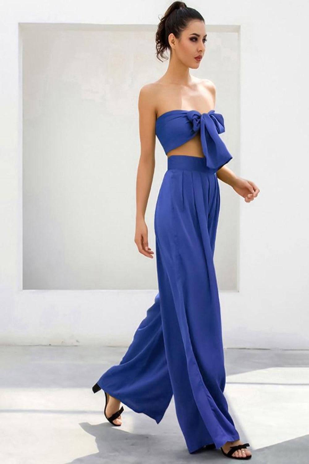 Blue Strapless Tie Front High Waist Wide Leg Jumpsuit Pants Set - TGC Boutique - 2 Piece Set