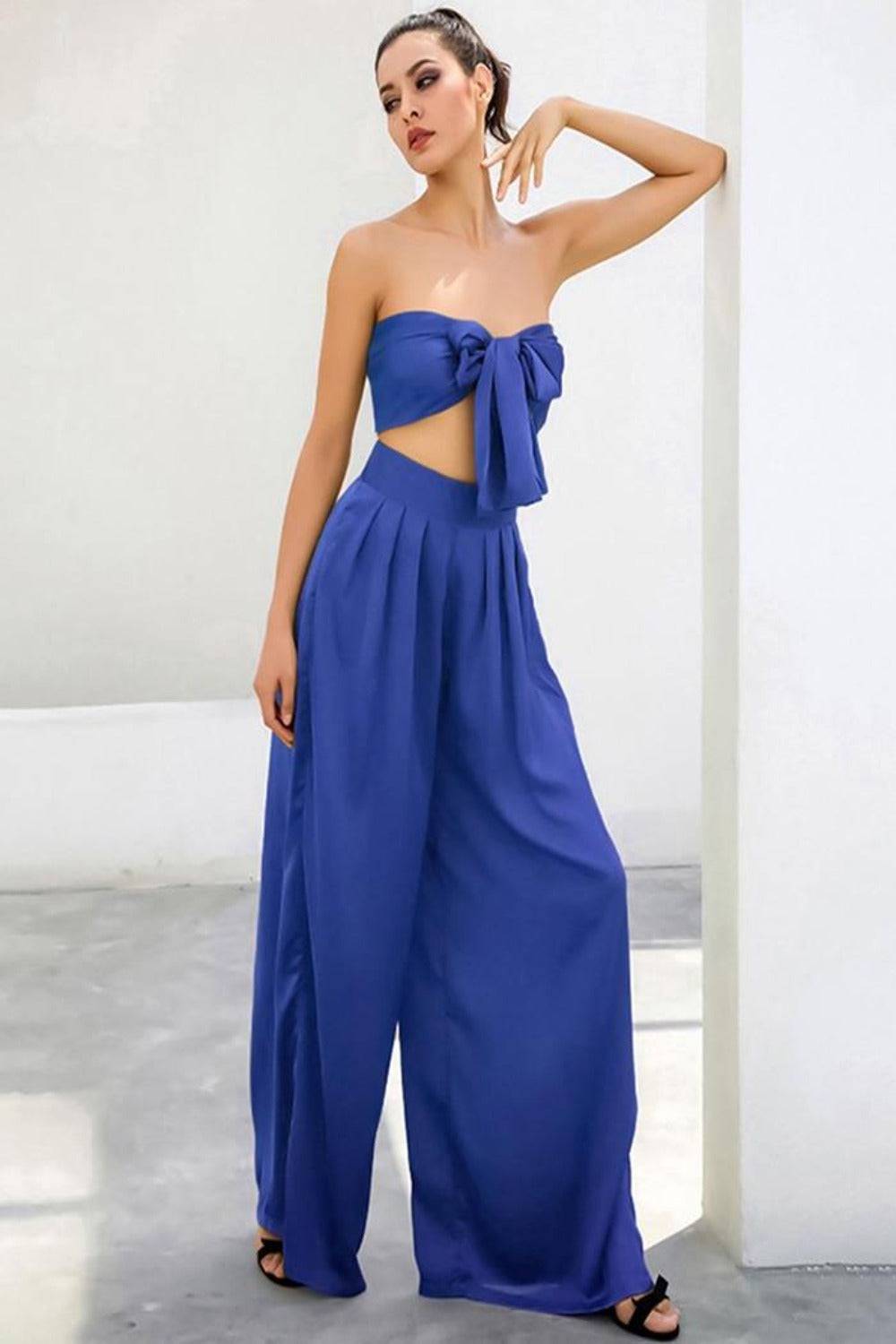 Blue Strapless Tie Front High Waist Wide Leg Jumpsuit Pants Set - TGC Boutique - 2 Piece Set