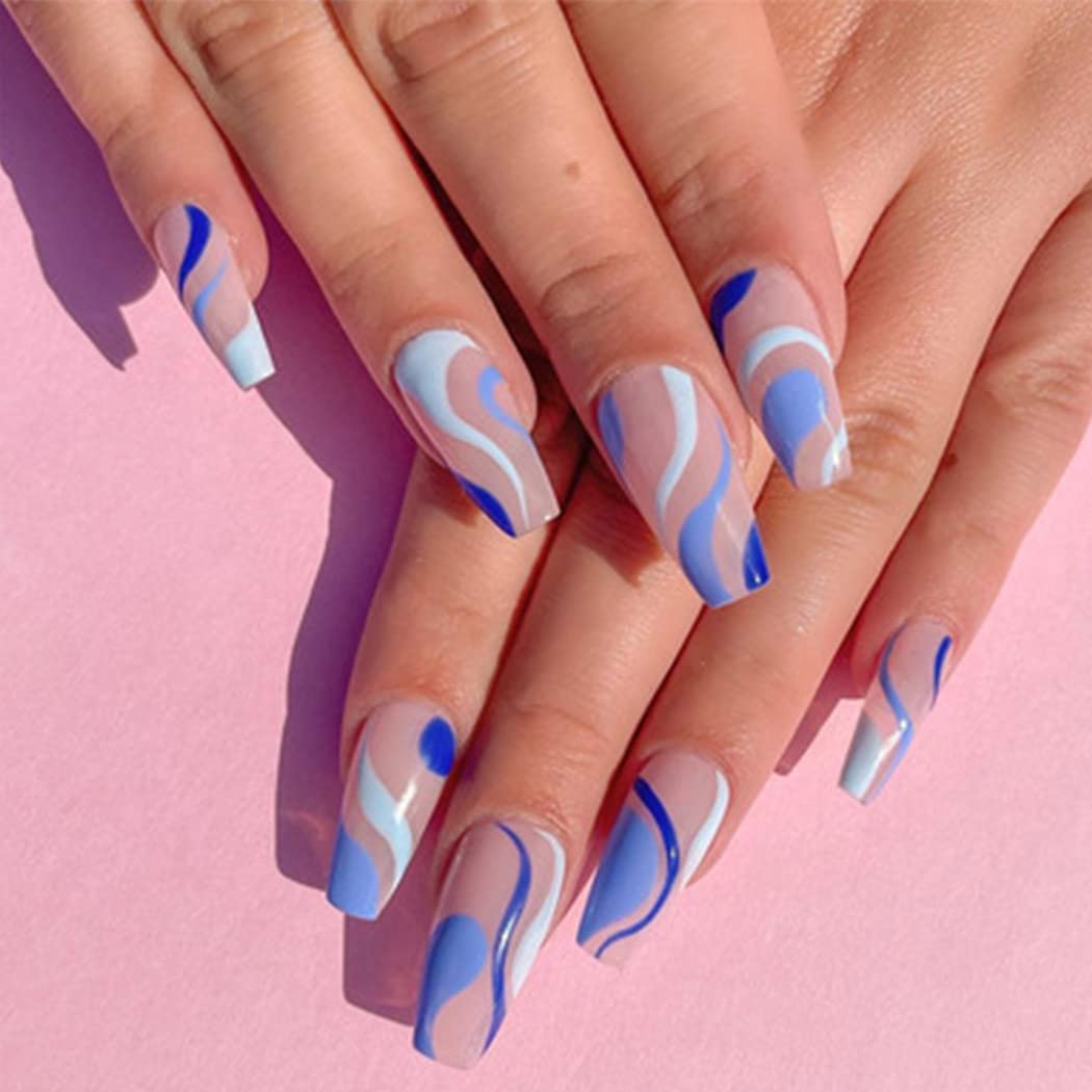 Blue Swirl Coffin Press On Nails Kit - TGC Boutique - Press On Nails