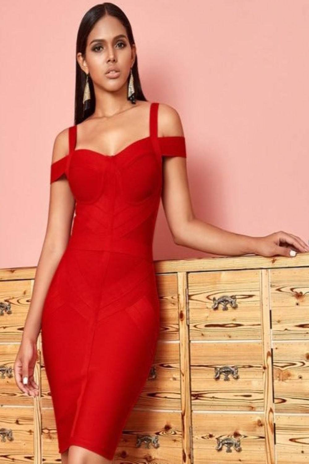 Body Contour Bustier Red Bodycon above knee Midi Dress - TGC Boutique - Bodycon Dress