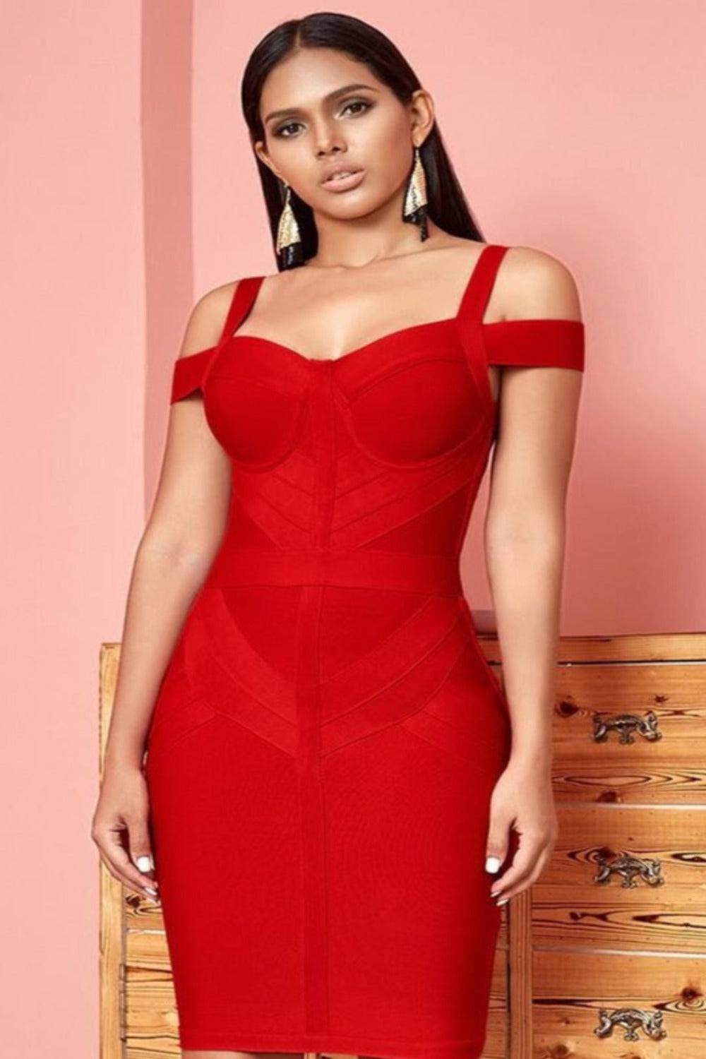 Body Contour Bustier Red Bodycon above knee Midi Dress - TGC Boutique - Bodycon Dress