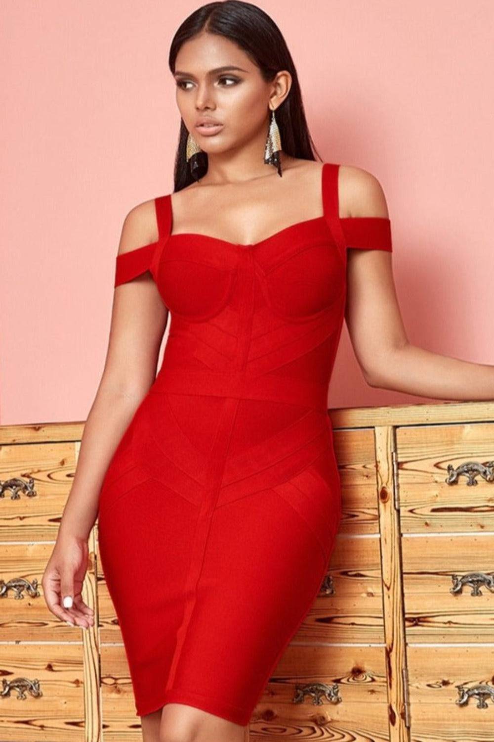 Body Contour Bustier Red Bodycon above knee Midi Dress - TGC Boutique - Bodycon Dress