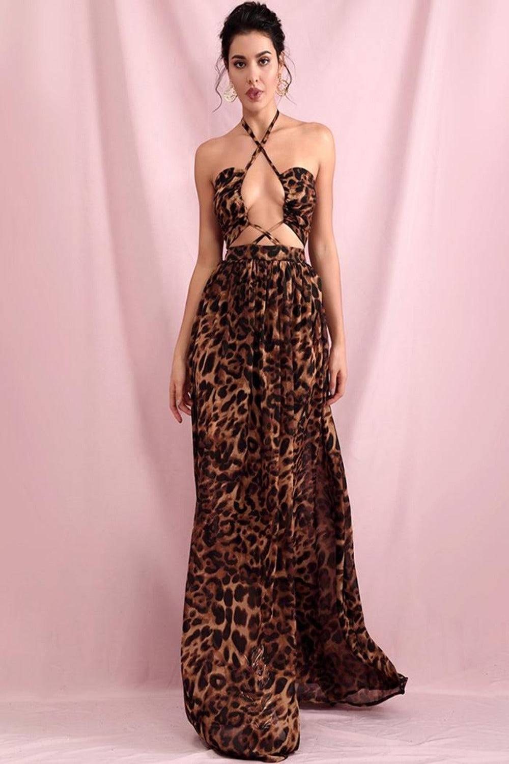 Brown Leopard Cut Out Chiffon Maxi Dress - TGC Boutique - Leopard Dress