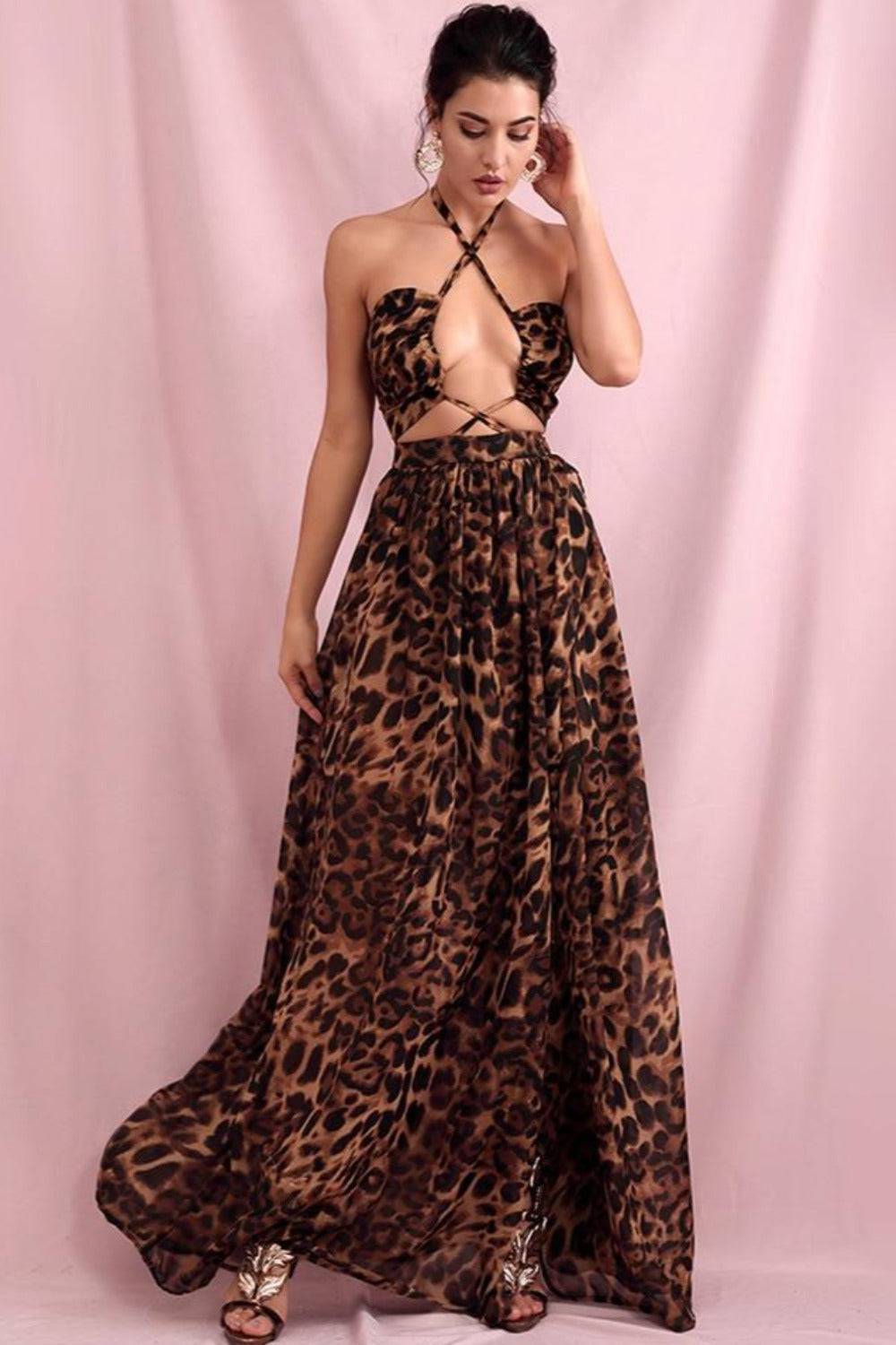 Brown Leopard Cut Out Chiffon Maxi Dress - TGC Boutique - Leopard Dress