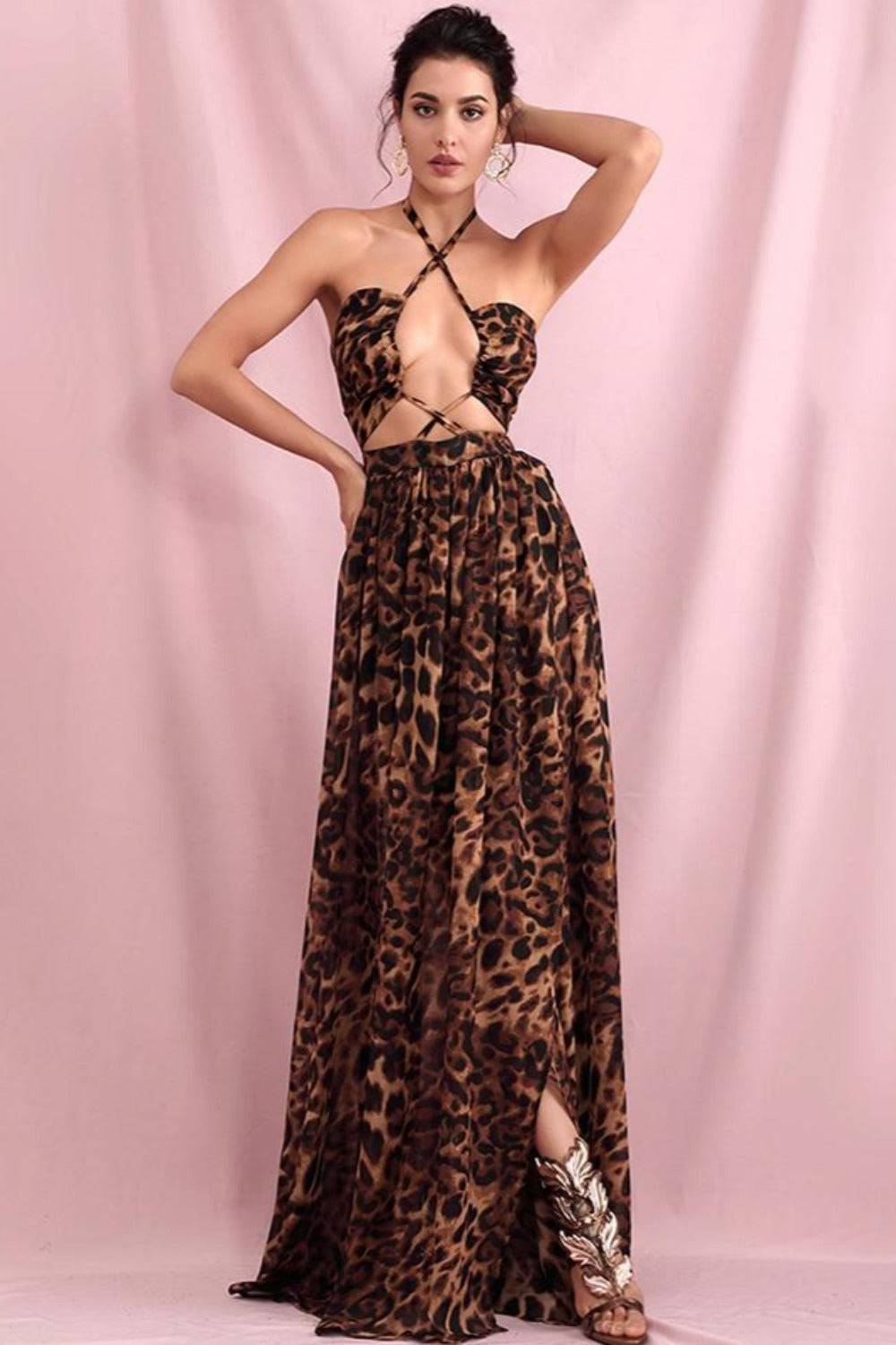 Brown Leopard Cut Out Chiffon Maxi Dress - TGC Boutique - Leopard Dress