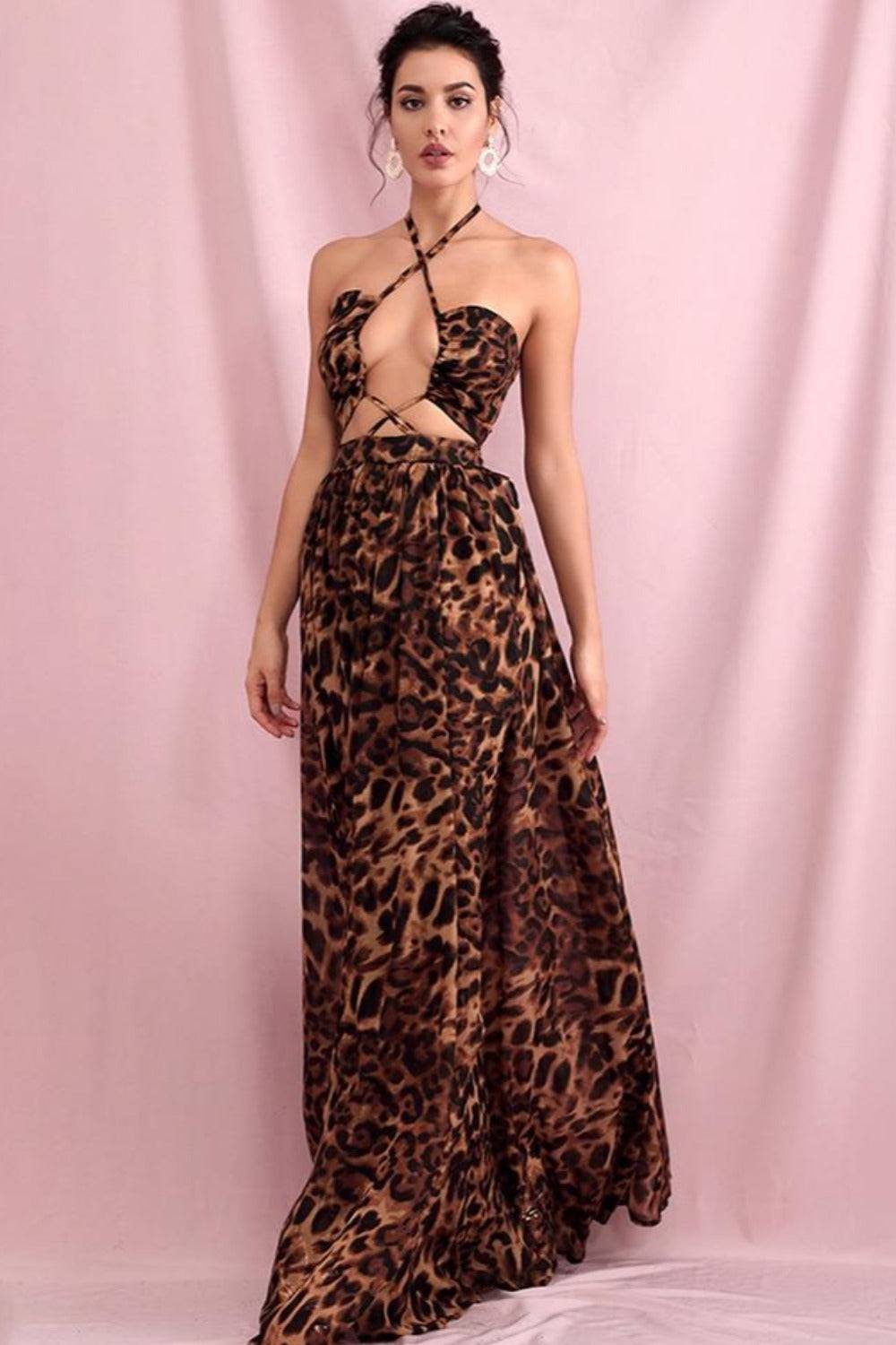 Brown Leopard Cut Out Chiffon Maxi Dress - TGC Boutique - Leopard Dress