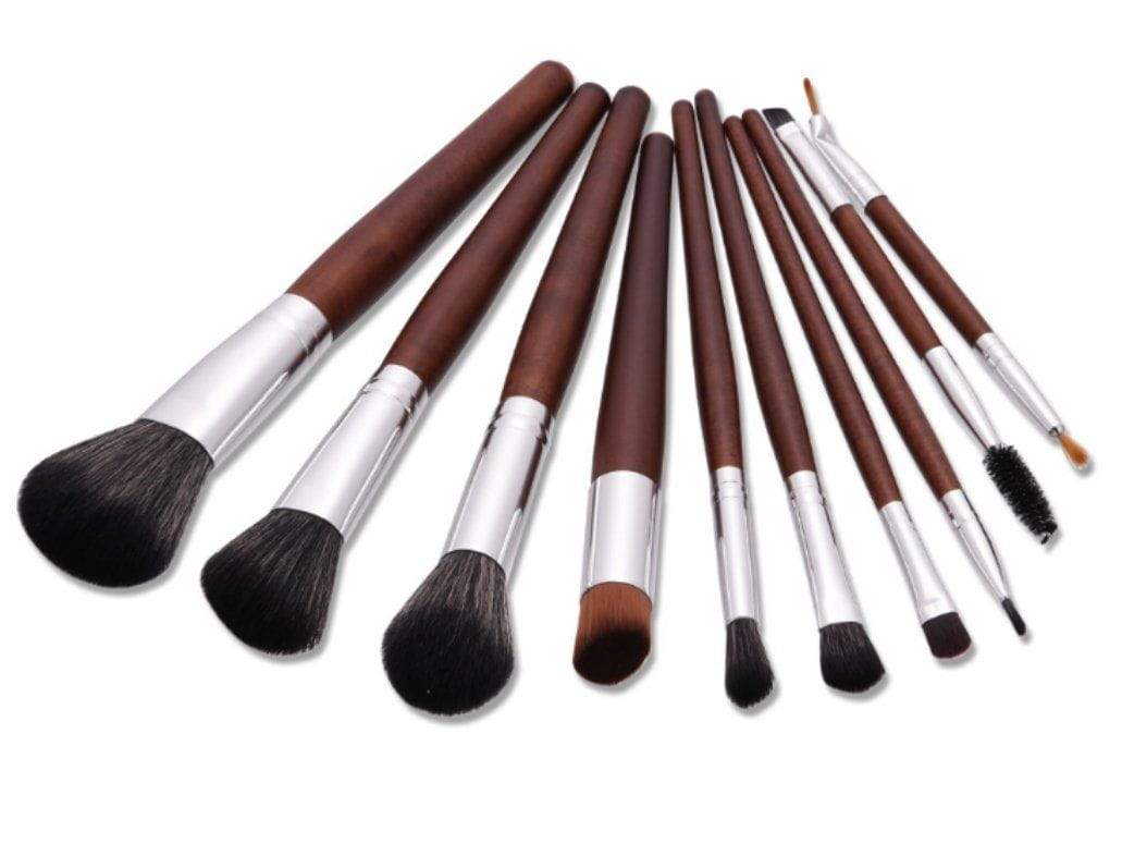 Brown Wood Makeup Brush Set - 10 Pcs - TGC Boutique - Makeup Brushes