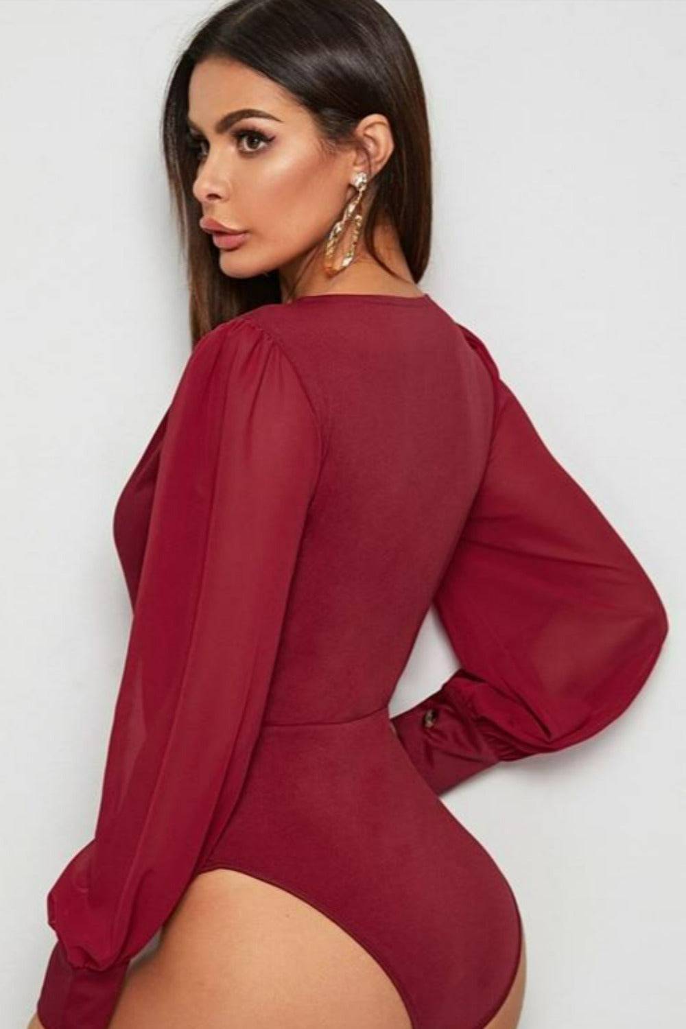 Burgundy Solid Surplice Elegant Bodysuit Top - TGC Boutique - Bodysuit
