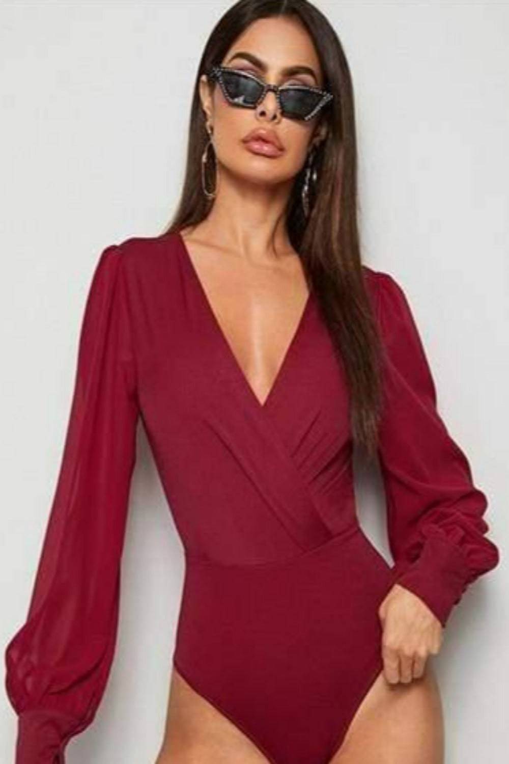 Burgundy Solid Surplice Elegant Bodysuit Top - TGC Boutique - Bodysuit