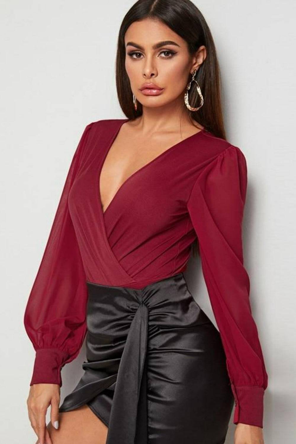 Burgundy Solid Surplice Elegant Bodysuit Top - TGC Boutique - Bodysuit