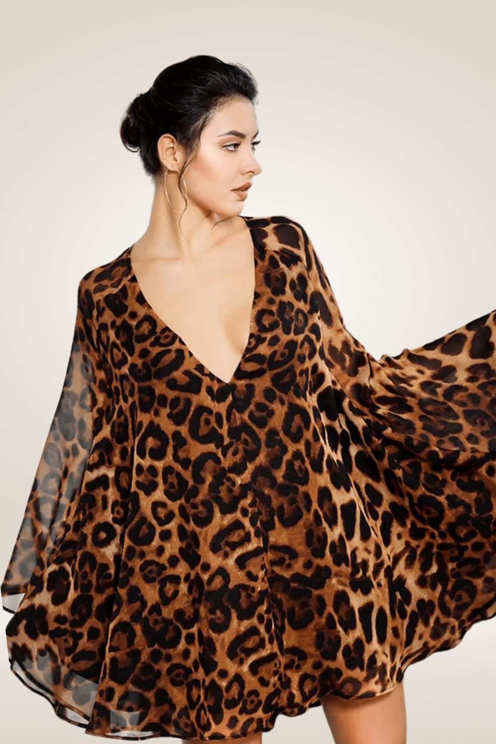 Cape Cloak Leopard Print Chiffon Jumpsuits Mini Dress - TGC Boutique - Mini Dress