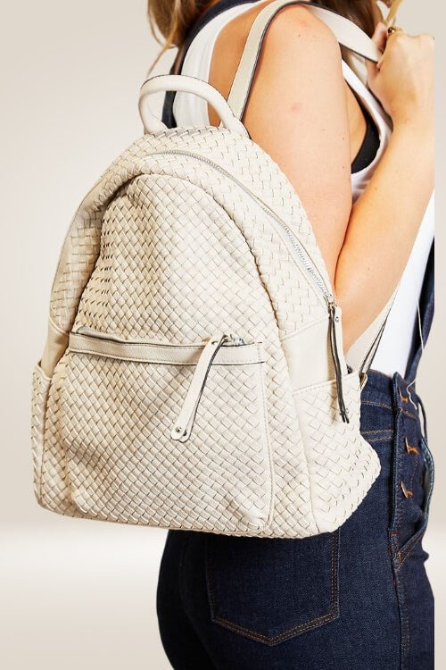Chic Beige Woven-Texture Vegan Leather Backpack - TGC Boutique - backpack