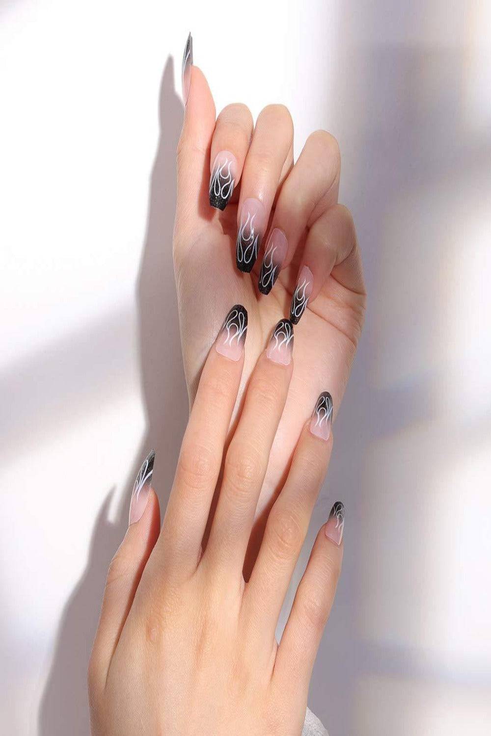 Clear Press On Nails Black Ombre Glossy Coffin Flame Nail Kit - TGC Boutique - Press On Nails