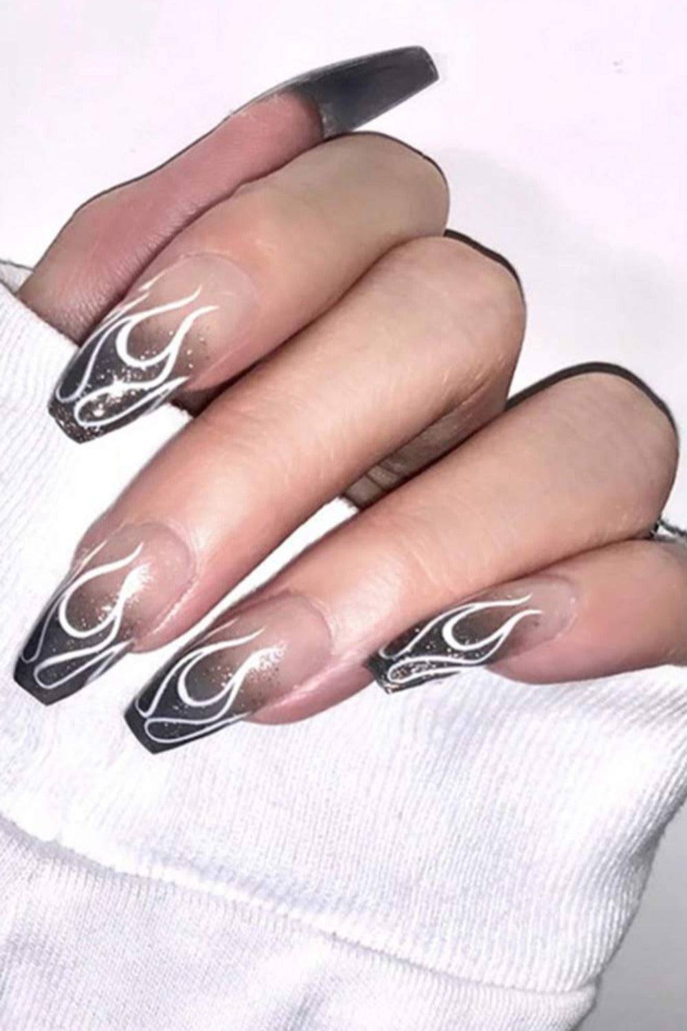 Clear Press On Nails Black Ombre Glossy Coffin Flame Nail Kit - TGC Boutique - Press On Nails